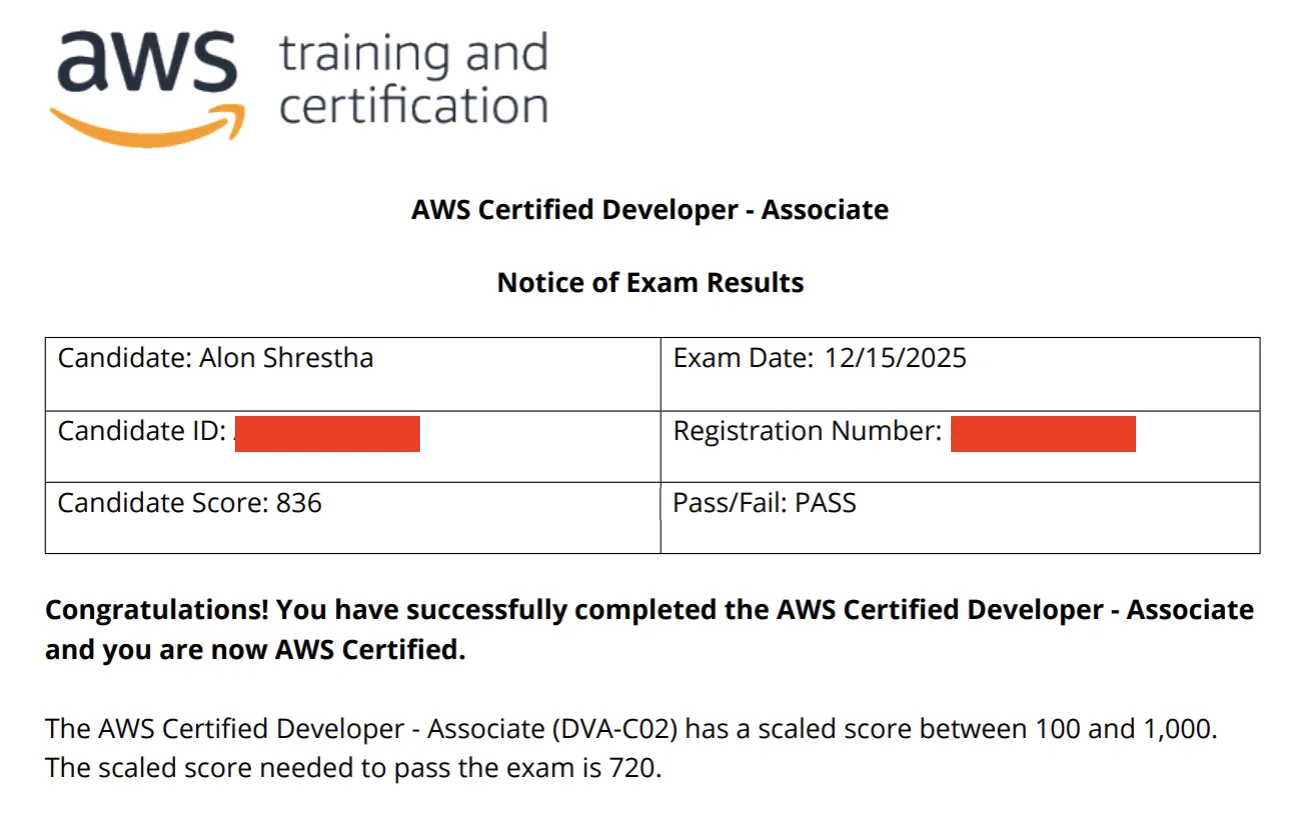 AWS Developer Associate exam pass result with score 836