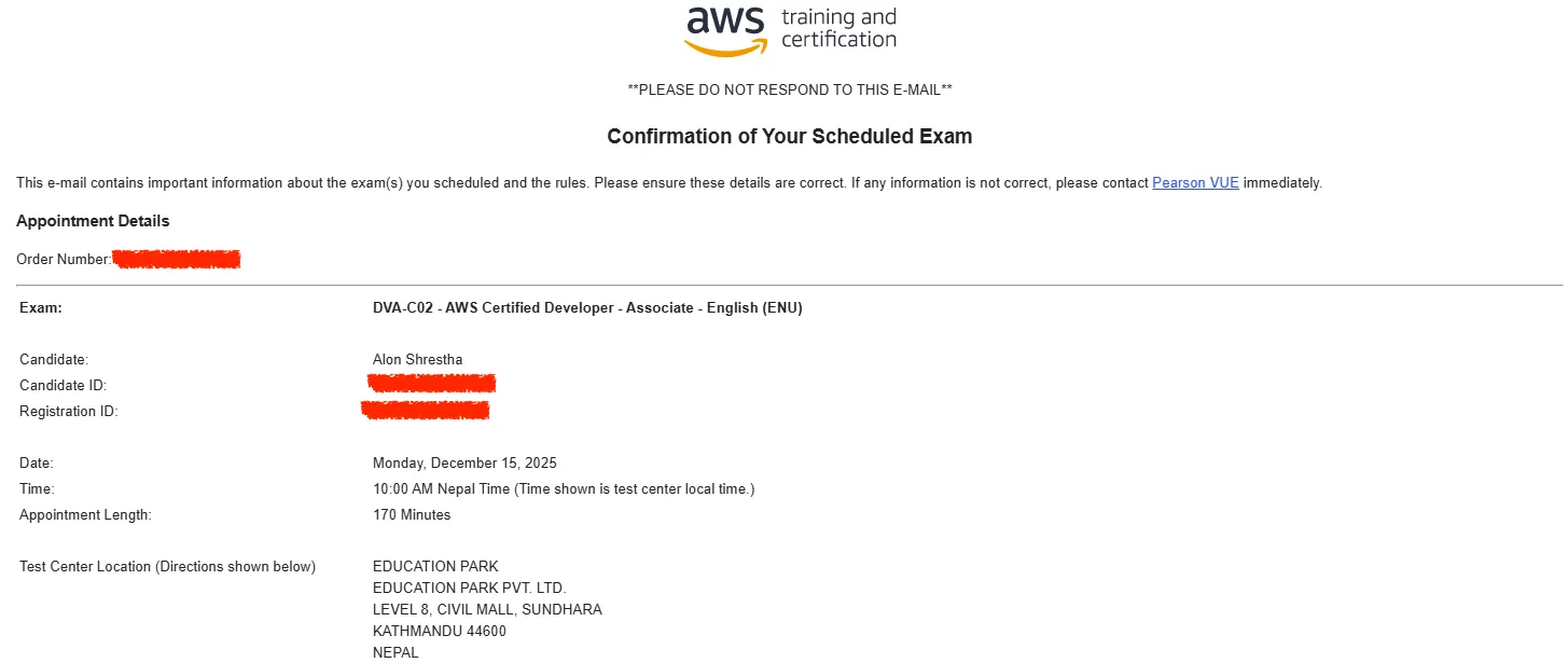 AWS exam confirmation email