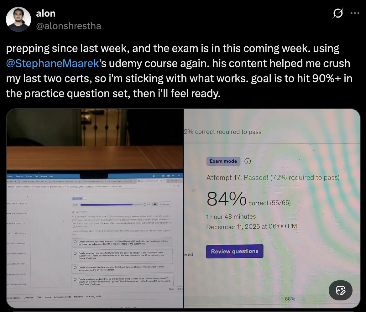 Practice test scores ranging from 72 to 84 percent