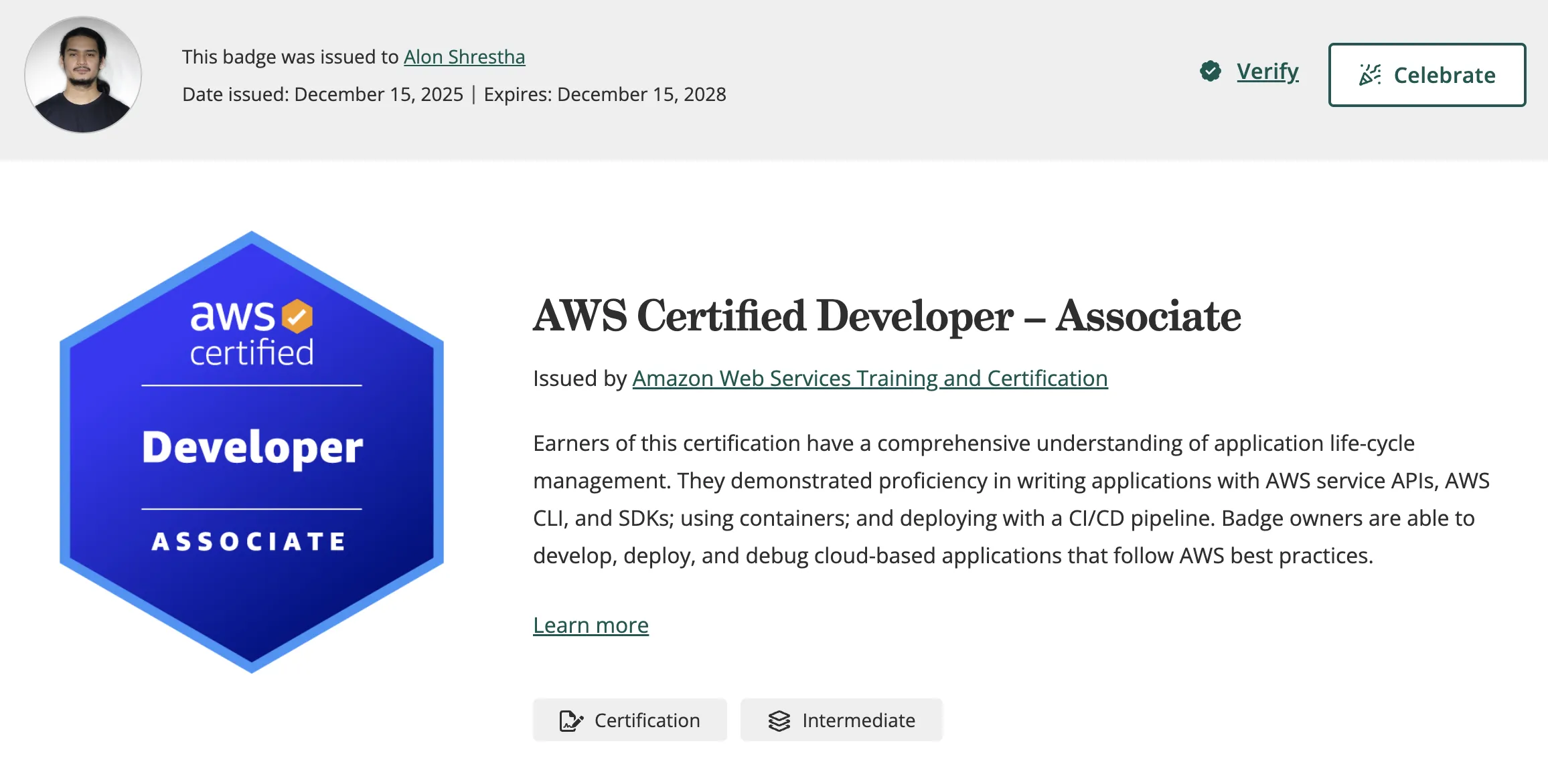 AWS Developer Associate Credly badge