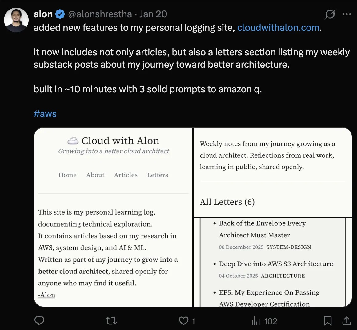 CloudwithAlon site showing articles and letters