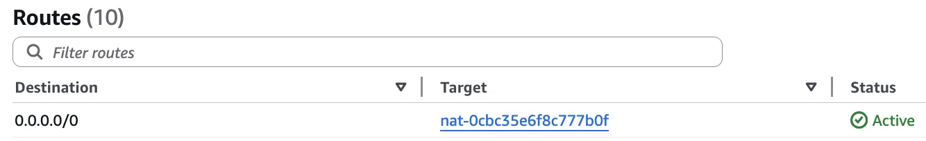 Private subnet route table configuration