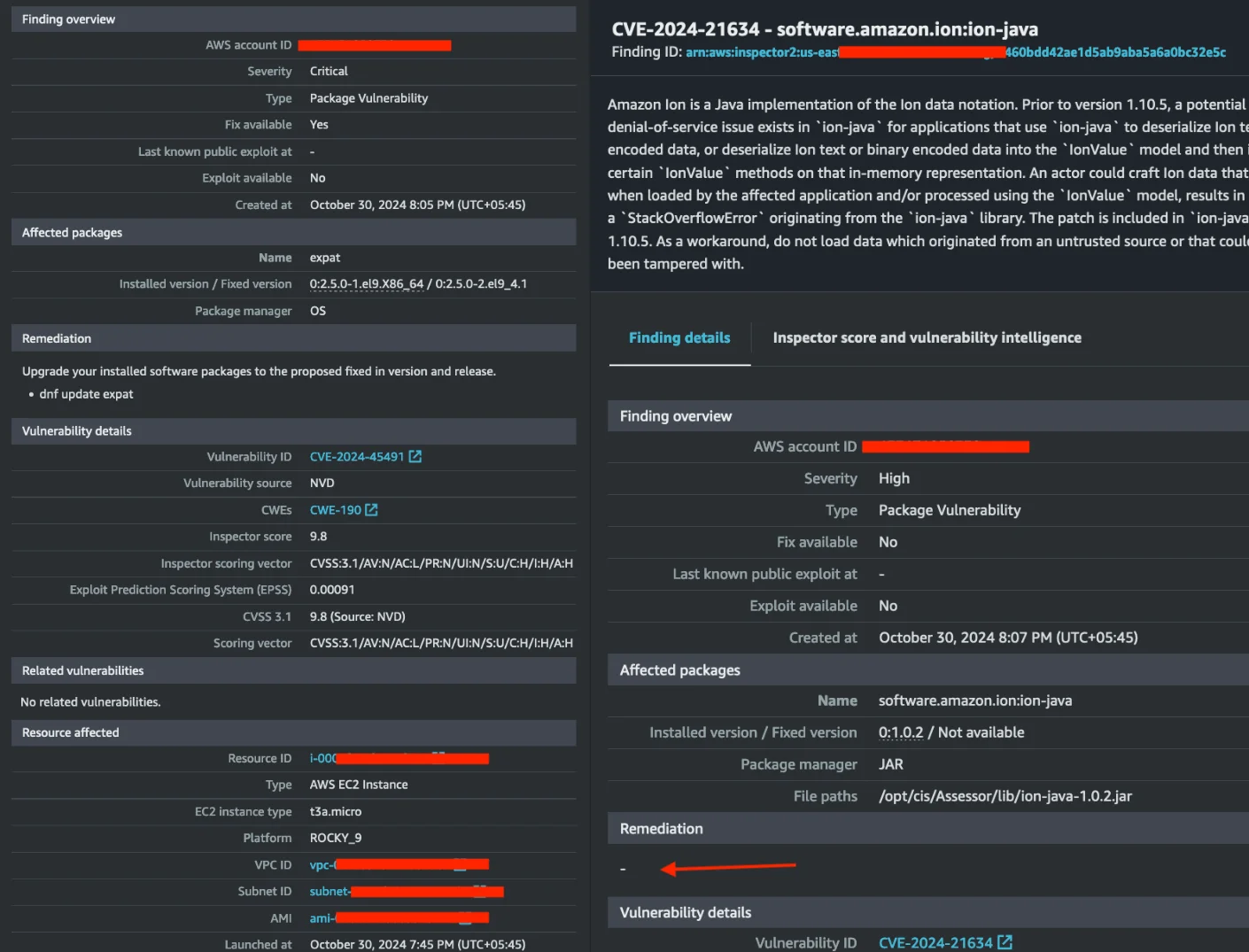 AWS Inspector vulnerability details and remediation